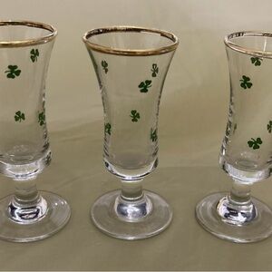 VTG Set of 3 Stemmed Shamrock Gold Rim Shot Glasses with green shamrocks